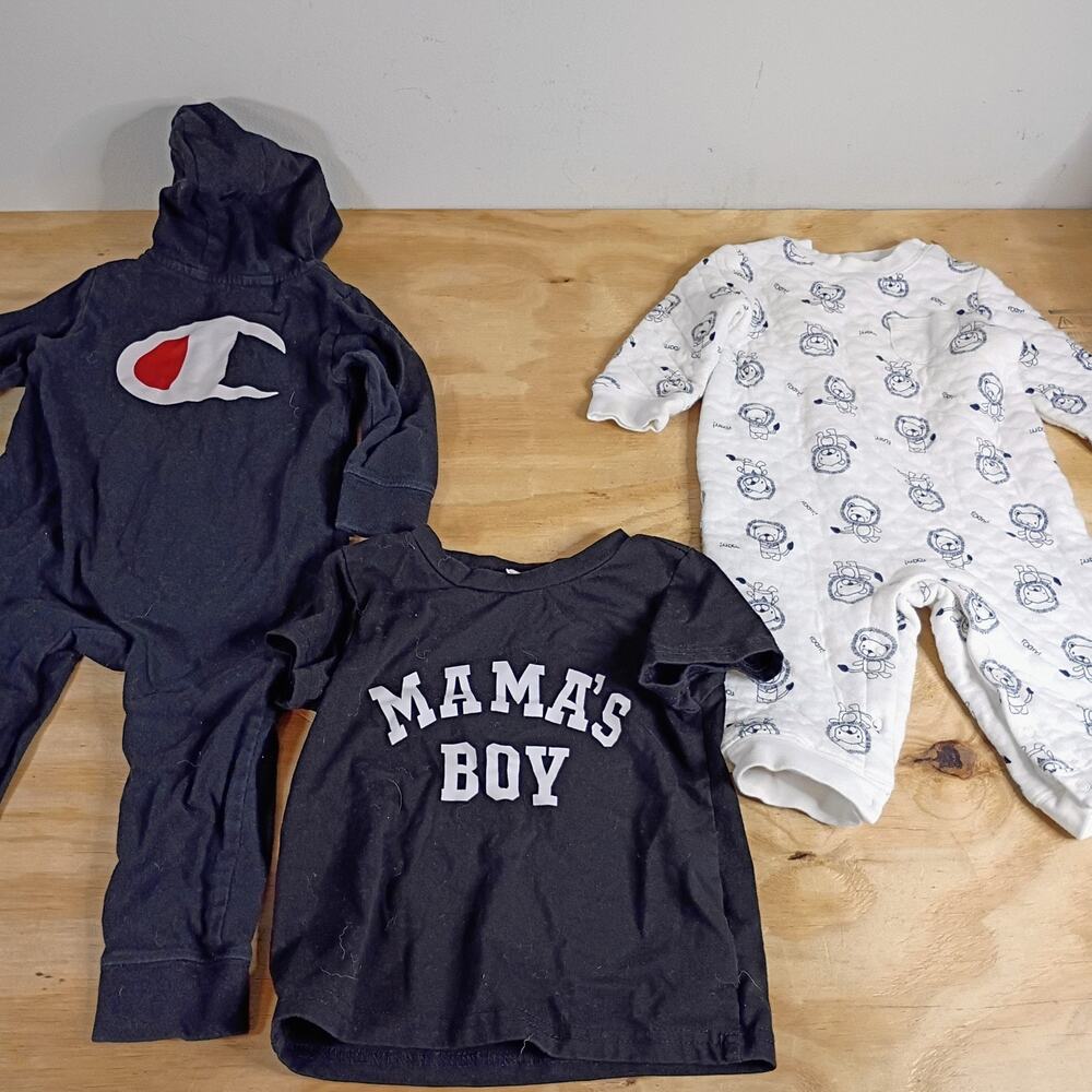 Lot 3 Baby Boys 6-12M Champion Hoodie Romper Gymboree Lion Quilted Mamas Boy Tee